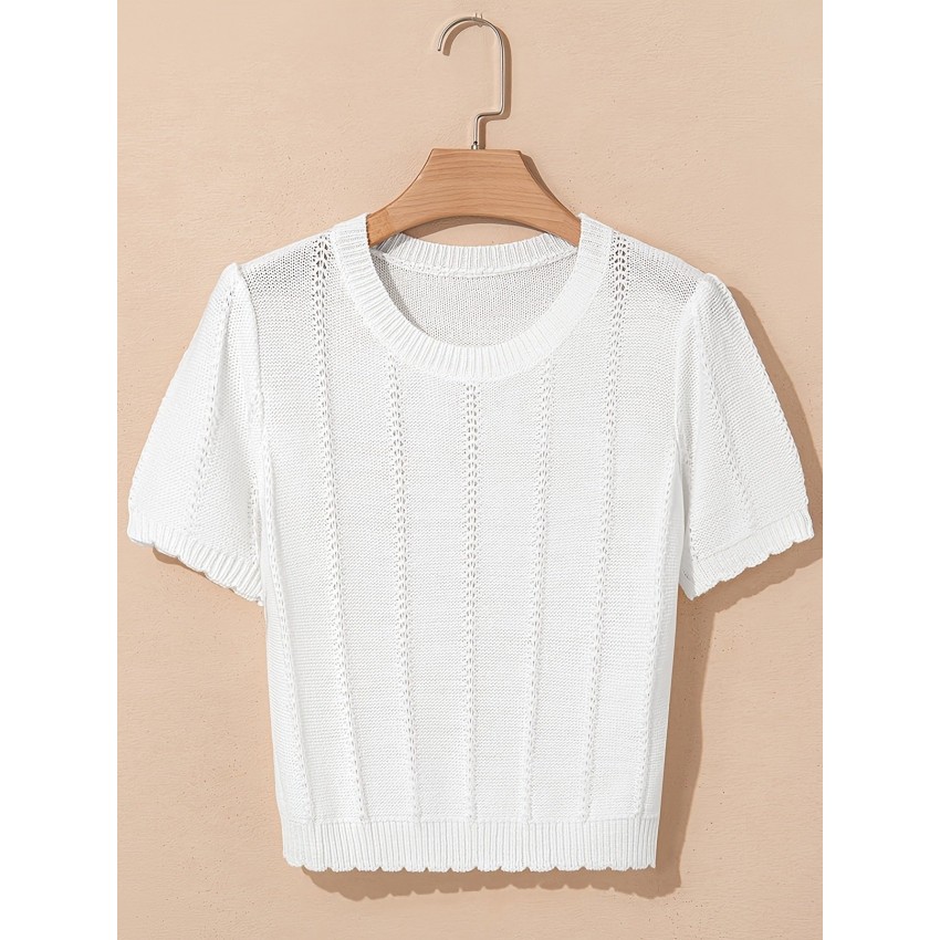 Stylish French-style Crew-neck Mesh Hollow-out Knit Short-sleeve Top Stylish French-style Crew-neck Mesh Hollow-out Knit Short-sleeve Top