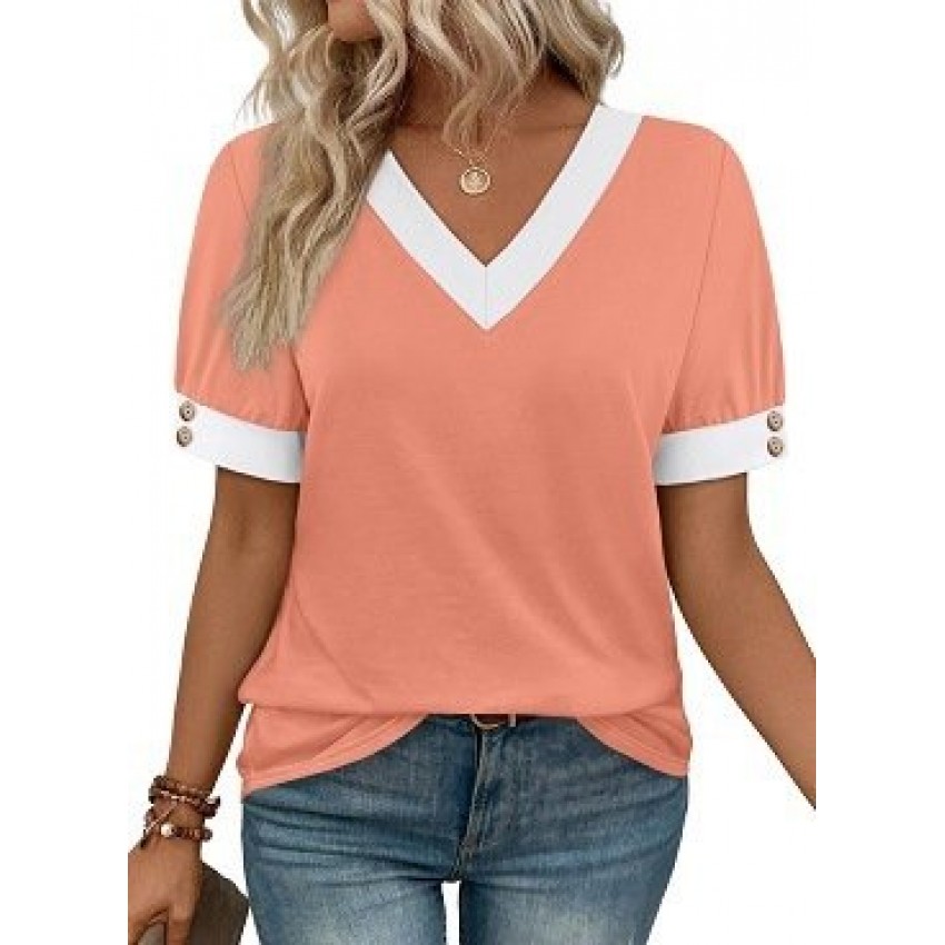 V-neck Contrast-Color Sleeveless All-Match Buttoned Pullover Short-Sleeve Top V-neck Contrast-Color Sleeveless All-Match Buttoned Pullover Short-Sleeve Top