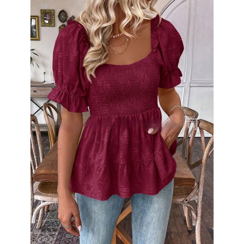 Elegant Tunic Top With A Square Neck Puff Sleeves And A Defined Waistline Elegant Tunic Top With A Square Neck Puff Sleeves And A Defined Waistline
