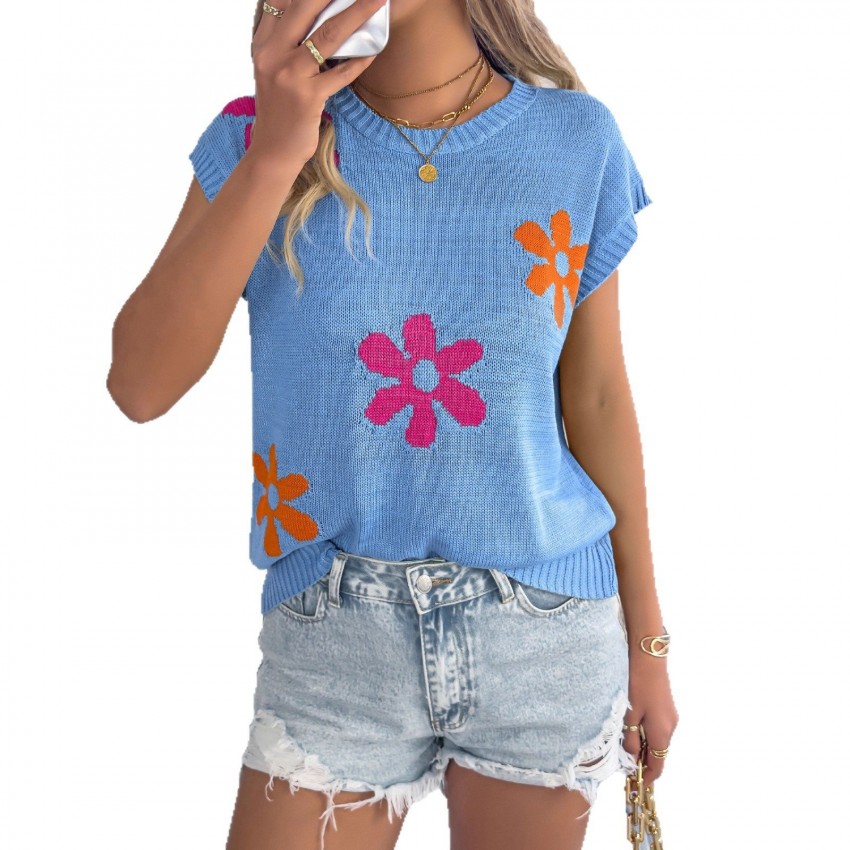 Womens Fashionable Floral Casual Loose Batwing-Sleeve Knit Top