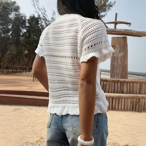 Womens Hollow-Out Knit Shell Short-Sleeve Resort Top