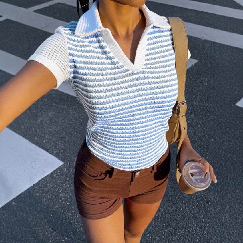 Summer Color Block Defined Waist Pleated Short T-Shirt Summer Color Block Defined Waist Pleated Short T-Shirt