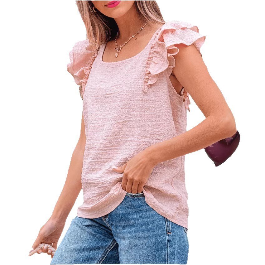 Womens Solid-Color Crew-Neck Sweet Top With Bow-Knot Design Womens Solid-Color Crew-Neck Sweet Top With Bow-Knot Design