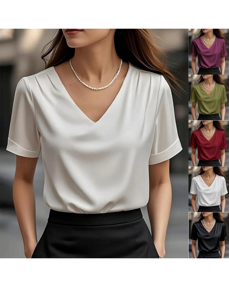 V-neck Satin Short-sleeve T-shirt Women's Fashion Top
