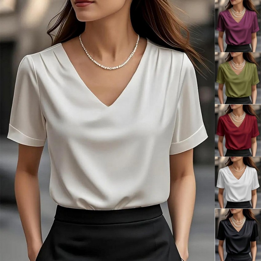V-neck Satin Short-sleeve T-shirt Women's Fashion Top