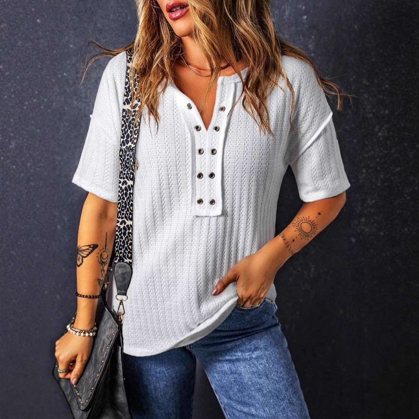 Loose Casual Textured V-neck Short-sleeve Shirt