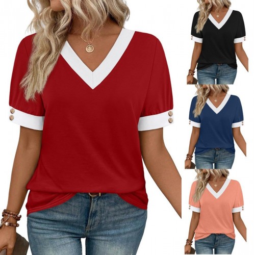 V-neck Contrast-Color Sleeveless All-Match Buttoned Pullover Short-Sleeve Top