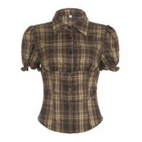 Womens Notched Collar Button-Down Puff-Sleeved Plaid Short Top Womens Notched Collar Button-Down Puff-Sleeved Plaid Short Top
