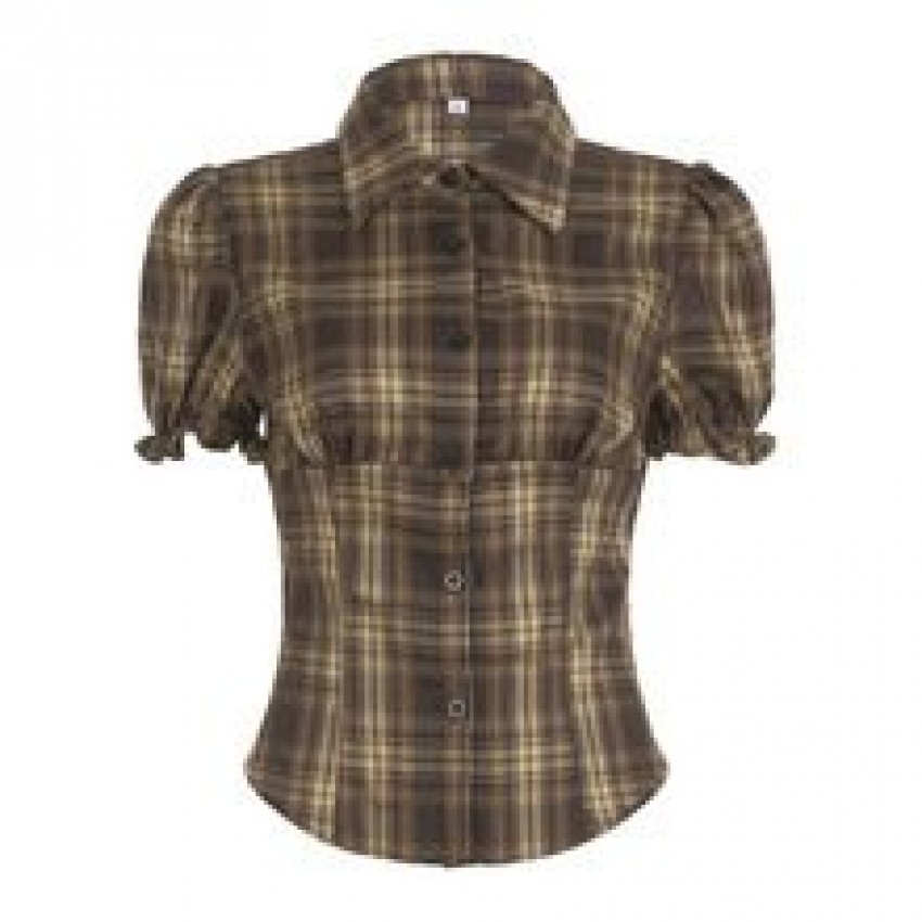 Womens Notched Collar Button-Down Puff-Sleeved Plaid Short Top Womens Notched Collar Button-Down Puff-Sleeved Plaid Short Top