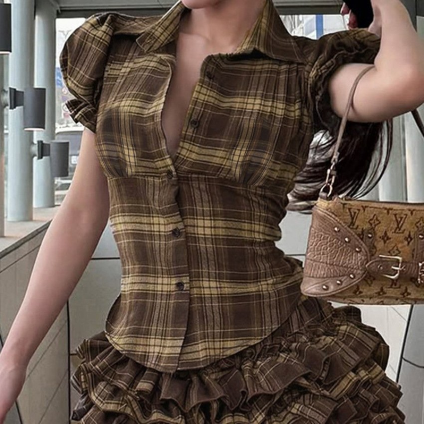 Womens Notched Collar Button-Down Puff-Sleeved Plaid Short Top