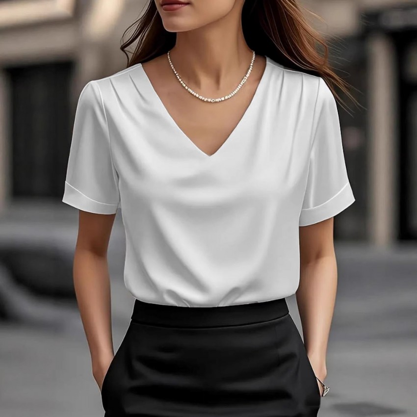 V-neck Satin Short-sleeve T-shirt Women's Fashion Top V-neck Satin Short-sleeve T-shirt Women's Fashion Top