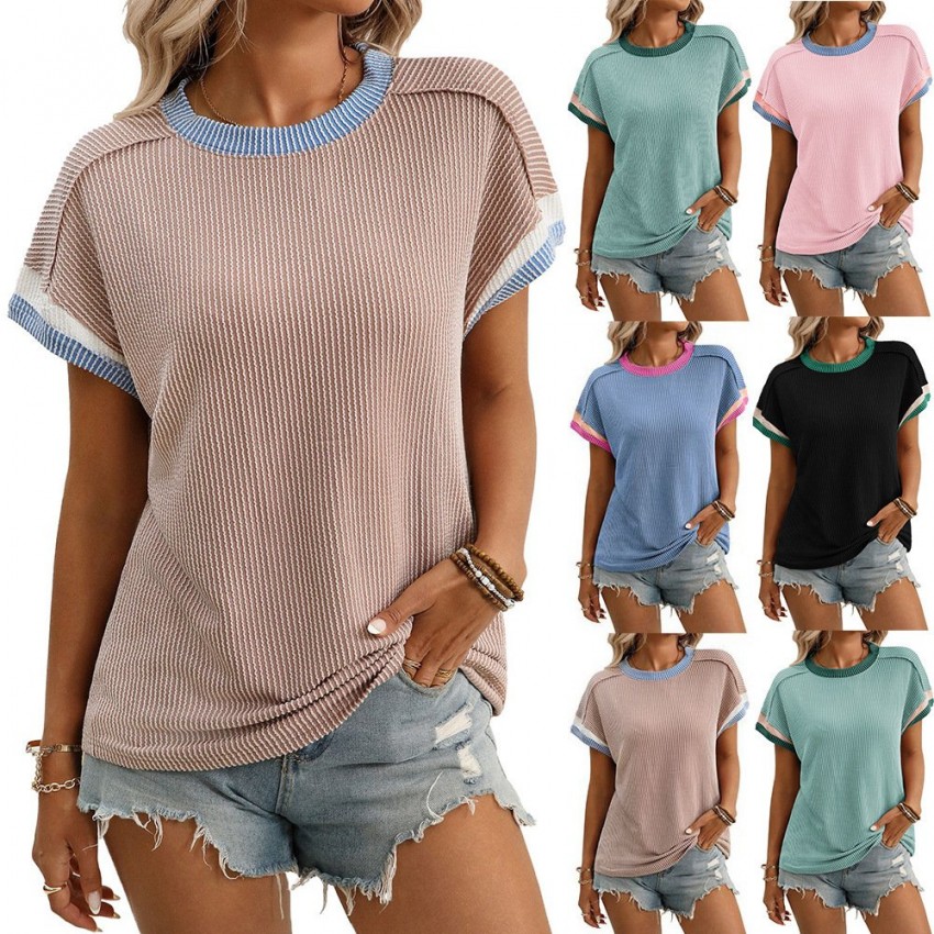 Round-neck Outer-seam Twisted-stripe Short-sleeve Loose-fit Color-block T-shirt Round-neck Outer-seam Twisted-stripe Short-sleeve Loose-fit Color-block T-shirt