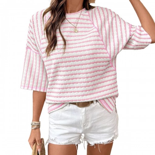Womens Crew-Neck Pullover T-Shirt Simple, Versatile Striped Half-Sleeve Tee In European And American Style Womens Crew-Neck Pullover T-Shirt Simple, Versatile Striped Half-Sleeve Tee In European And American Style