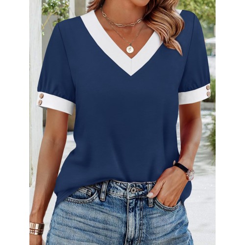 V-neck Contrast-Color Sleeveless All-Match Buttoned Pullover Short-Sleeve Top