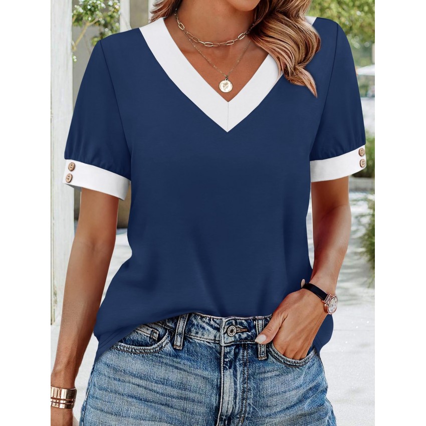 V-neck Contrast-Color Sleeveless All-Match Buttoned Pullover Short-Sleeve Top V-neck Contrast-Color Sleeveless All-Match Buttoned Pullover Short-Sleeve Top
