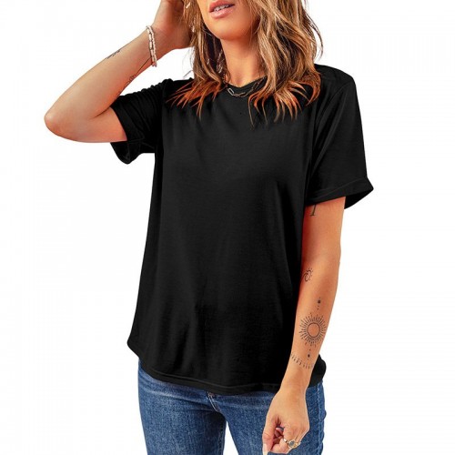 Solid-color Casual T-shirt Pullover Crew-neck Top For Women Solid-color Casual T-shirt Pullover Crew-neck Top For Women
