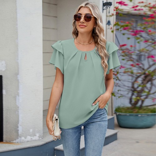 Round-neck Flutter-sleeve Loose-fit Chiffon Top Round-neck Flutter-sleeve Loose-fit Chiffon Top