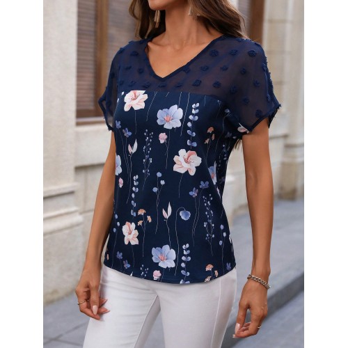 Fashionable New V-neck Printed Lace-panel Short-sleeve TopT-shirt Fashionable New V-neck Printed Lace-panel Short-sleeve TopT-shirt
