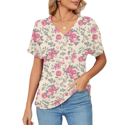 Women's T-shirt, Natural Plant And Floral Print, Casual V-neck Short Sleeves Women's T-shirt, Natural Plant And Floral Print, Casual V-neck Short Sleeves