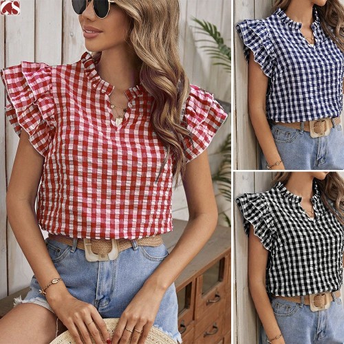 Womens Double-layer Ruffled Plaid Short-sleeve Top
