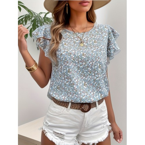 Womens Floral Print Round Neck Ruffle Sleeve Short-Sleeve Top, Loose Fit Womens Floral Print Round Neck Ruffle Sleeve Short-Sleeve Top, Loose Fit