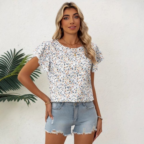Womens Floral Print Round Neck Ruffle Sleeve Short-Sleeve Top, Loose Fit Womens Floral Print Round Neck Ruffle Sleeve Short-Sleeve Top, Loose Fit