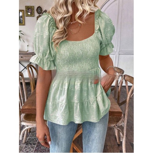 Elegant Tunic Top With A Square Neck Puff Sleeves And A Defined Waistline