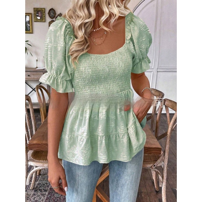 Elegant Tunic Top With A Square Neck Puff Sleeves And A Defined Waistline Elegant Tunic Top With A Square Neck Puff Sleeves And A Defined Waistline