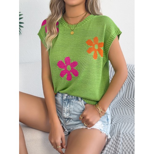 Womens Fashionable Floral Casual Loose Batwing-Sleeve Knit Top