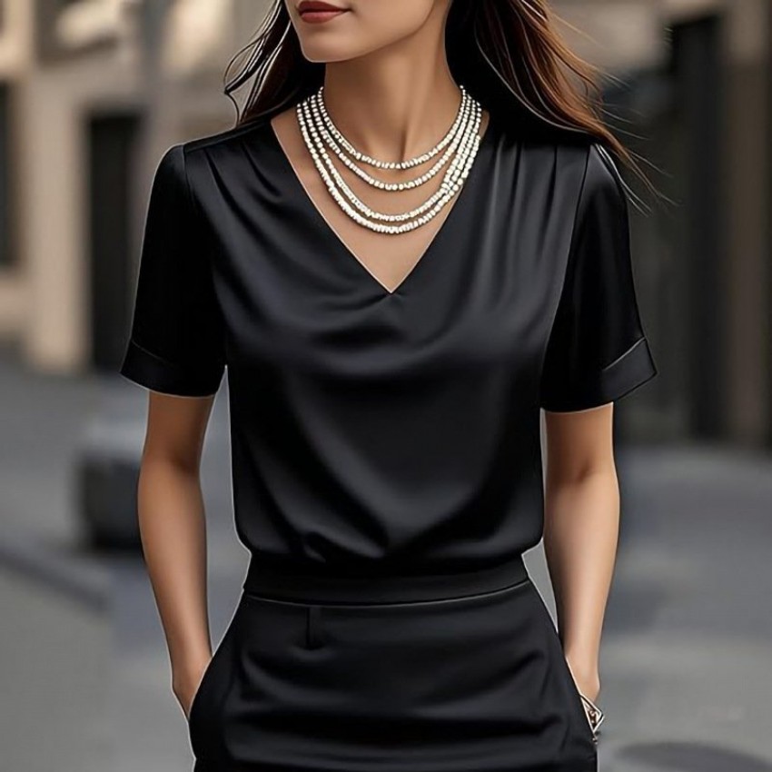V-neck Satin Short-sleeve T-shirt Women's Fashion Top V-neck Satin Short-sleeve T-shirt Women's Fashion Top