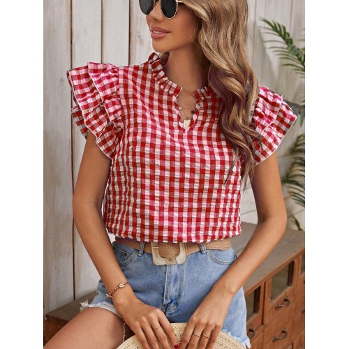 Womens Double-layer Ruffled Plaid Short-sleeve Top