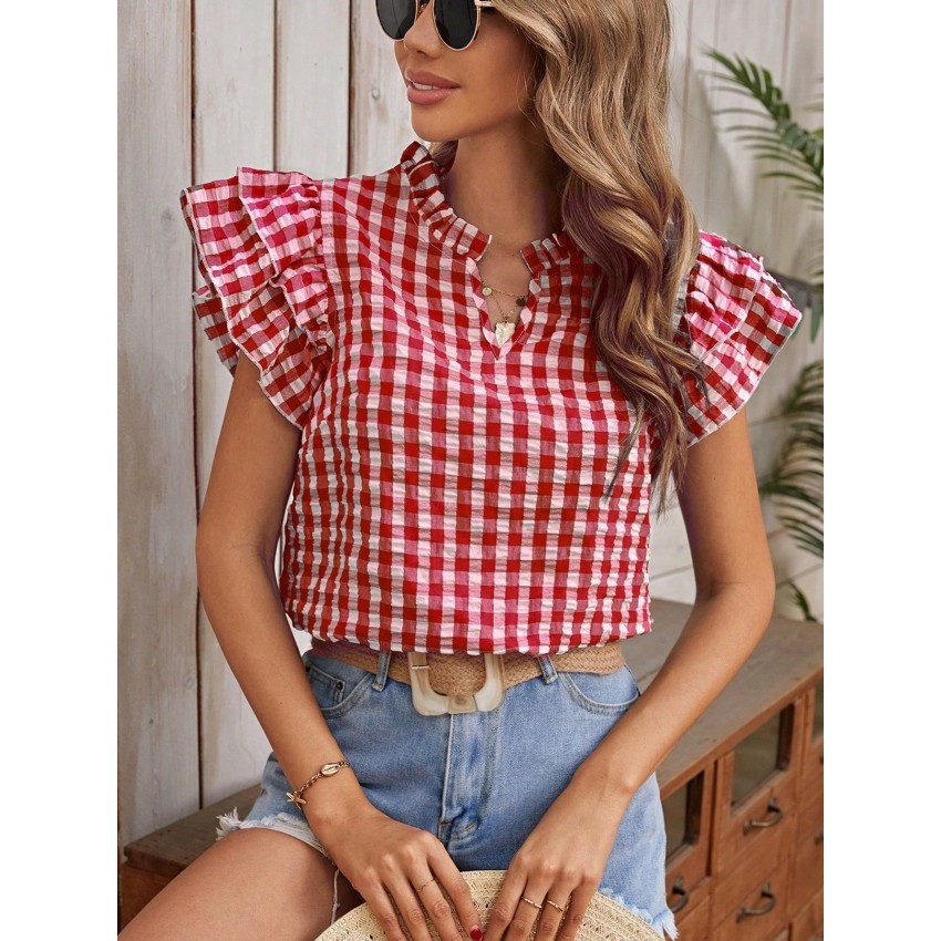 Womens Double-layer Ruffled Plaid Short-sleeve Top Womens Double-layer Ruffled Plaid Short-sleeve Top