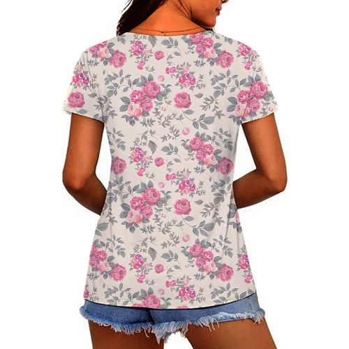 Women's T-shirt, Natural Plant And Floral Print, Casual V-neck Short Sleeves Women's T-shirt, Natural Plant And Floral Print, Casual V-neck Short Sleeves