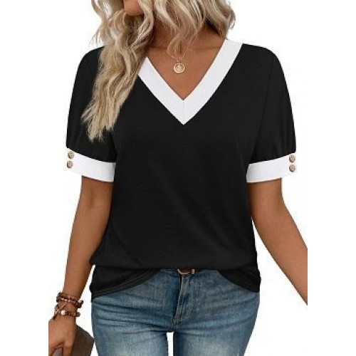 V-neck Contrast-Color Sleeveless All-Match Buttoned Pullover Short-Sleeve Top