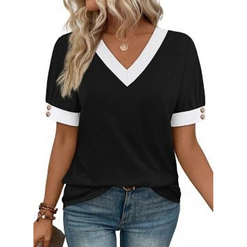 V-neck Contrast-Color Sleeveless All-Match Buttoned Pullover Short-Sleeve Top V-neck Contrast-Color Sleeveless All-Match Buttoned Pullover Short-Sleeve Top