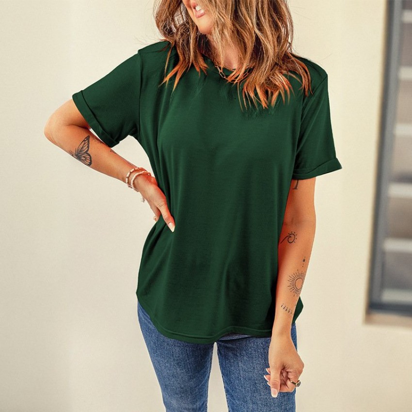 Solid-color Casual T-shirt Pullover Crew-neck Top For Women