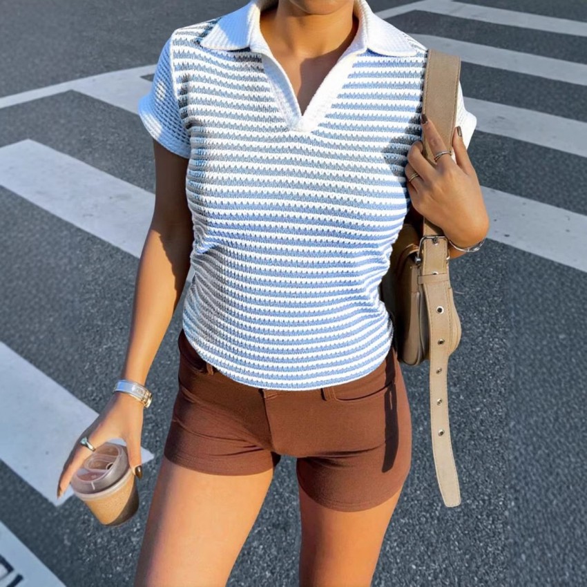 Summer Color Block Defined Waist Pleated Short T-Shirt Summer Color Block Defined Waist Pleated Short T-Shirt