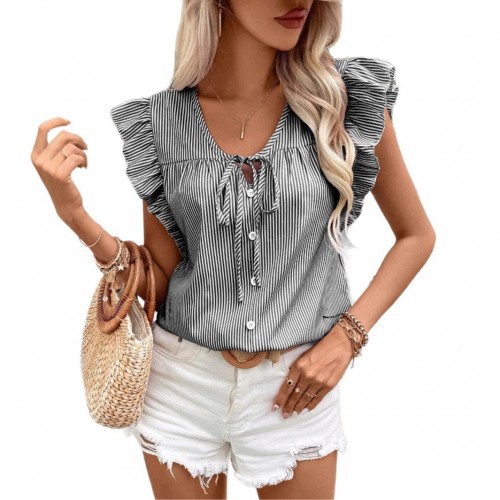 Loose Striped Top With French-Style Strap And Ruffle Sleeves Loose Striped Top With French-Style Strap And Ruffle Sleeves