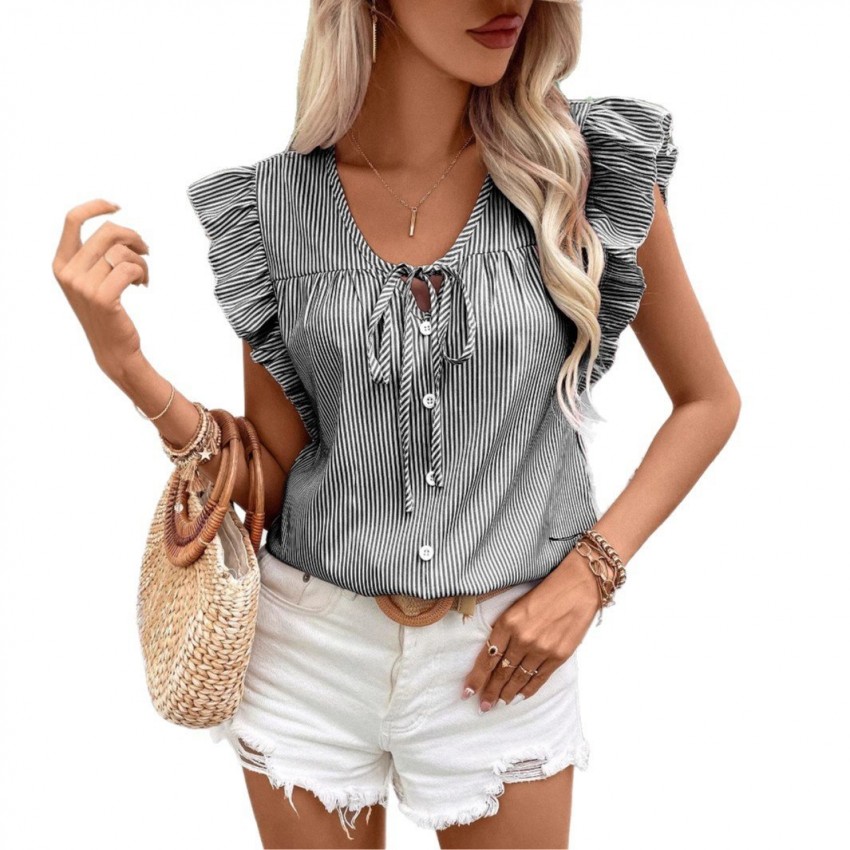 Loose Striped Top With French-Style Strap And Ruffle Sleeves Loose Striped Top With French-Style Strap And Ruffle Sleeves