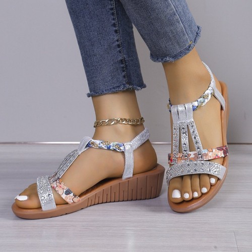 Casual Wedges Sandals With Rhinestone Summer Plus-size Peep-toe Roman Shoes