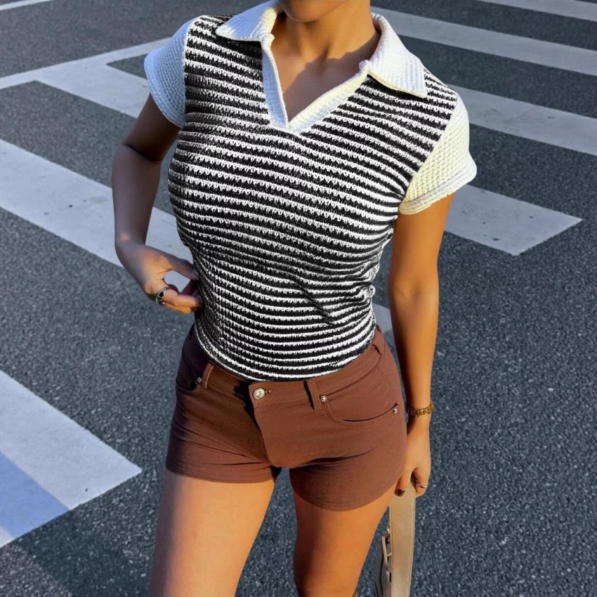 Summer Color Block Defined Waist Pleated Short T-Shirt