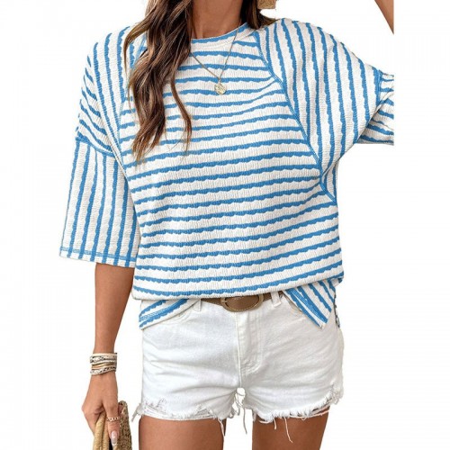 Womens Crew-Neck Pullover T-Shirt Simple, Versatile Striped Half-Sleeve Tee In European And American Style Womens Crew-Neck Pullover T-Shirt Simple, Versatile Striped Half-Sleeve Tee In European And American Style