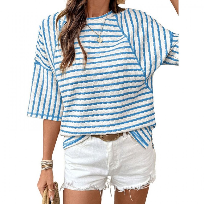 Womens Crew-Neck Pullover T-Shirt Simple, Versatile Striped Half-Sleeve Tee In European And American Style Womens Crew-Neck Pullover T-Shirt Simple, Versatile Striped Half-Sleeve Tee In European And American Style