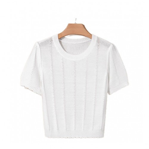 Stylish French-style Crew-neck Mesh Hollow-out Knit Short-sleeve Top