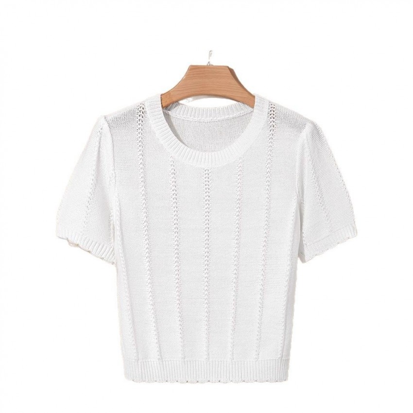 Stylish French-style Crew-neck Mesh Hollow-out Knit Short-sleeve Top Stylish French-style Crew-neck Mesh Hollow-out Knit Short-sleeve Top