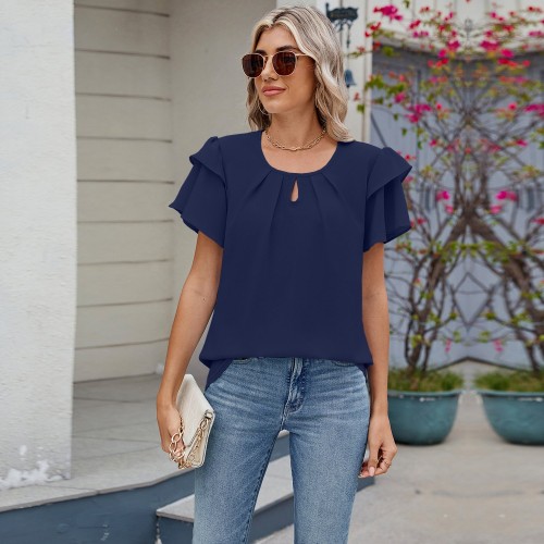 Round-neck Flutter-sleeve Loose-fit Chiffon Top Round-neck Flutter-sleeve Loose-fit Chiffon Top