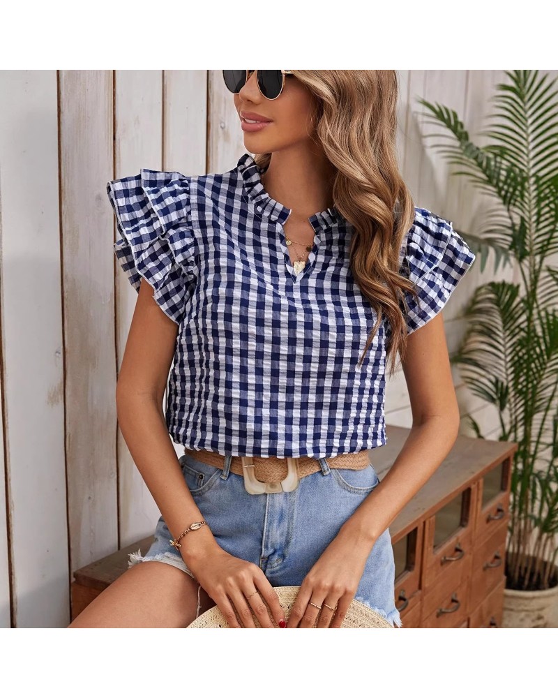 Womens Double-layer Ruffled Plaid Short-sleeve Top
