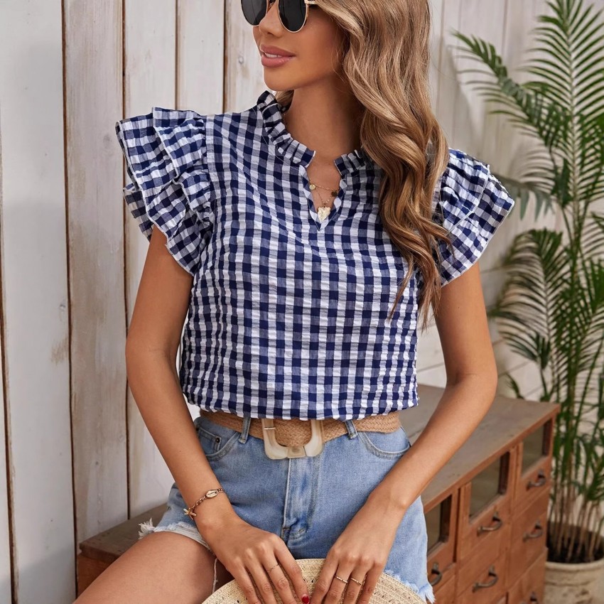 Womens Double-layer Ruffled Plaid Short-sleeve Top