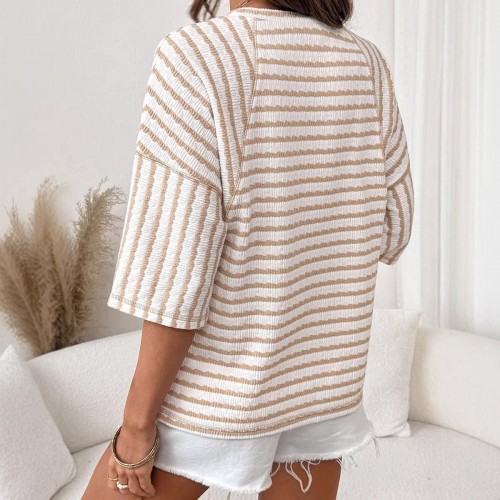 Womens Crew-Neck Pullover T-Shirt Simple, Versatile Striped Half-Sleeve Tee In European And American Style Womens Crew-Neck Pullover T-Shirt Simple, Versatile Striped Half-Sleeve Tee In European And American Style