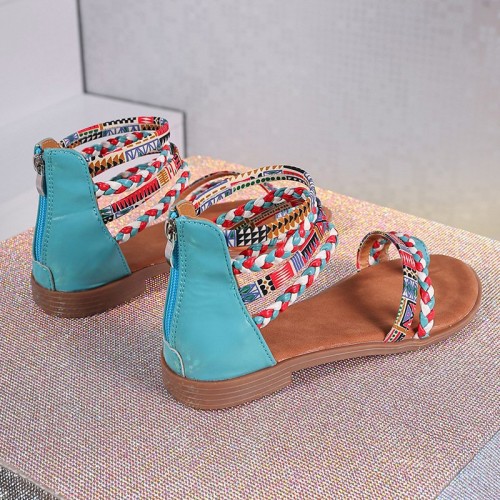 Ethnic Style Flat Sandals Summer Clip Toe Colorful Weave-straped Shoes With Back Zipper Women's Bohemian Beach Shoes